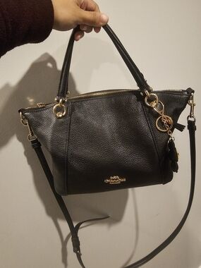 Coach Kacey Black Pebbled Leather Satchel with Gold Accents